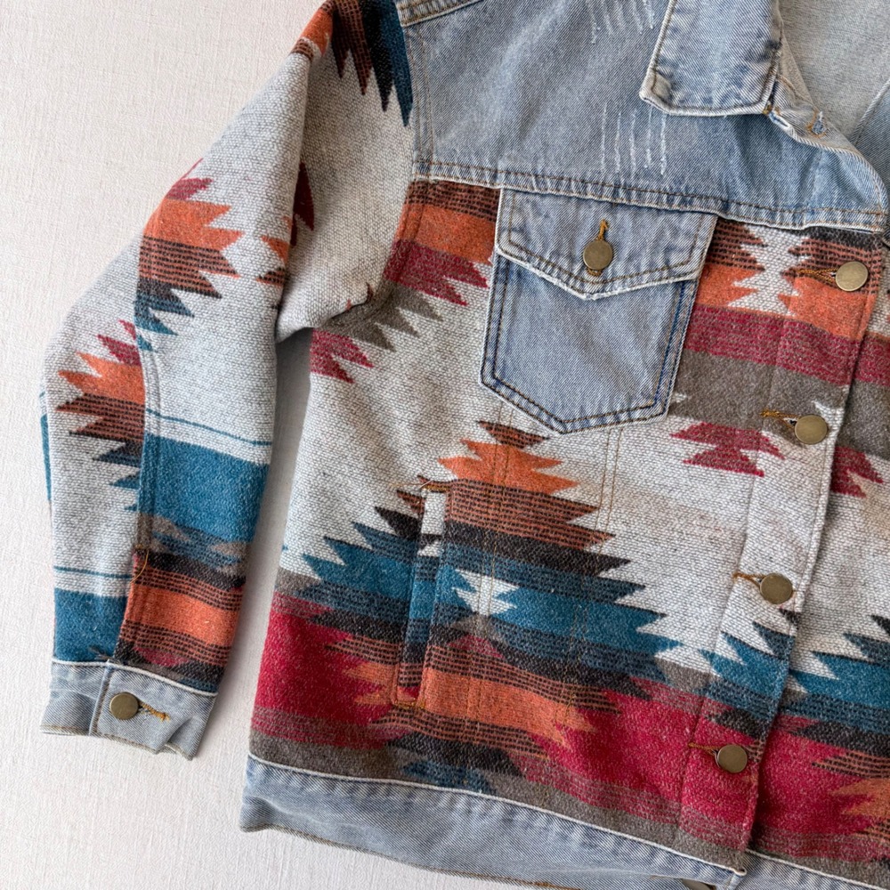 Polagram Aztec Tapestry Denim Jacket Oversized Southwestern Women Small Blue - Picture 8 of 11